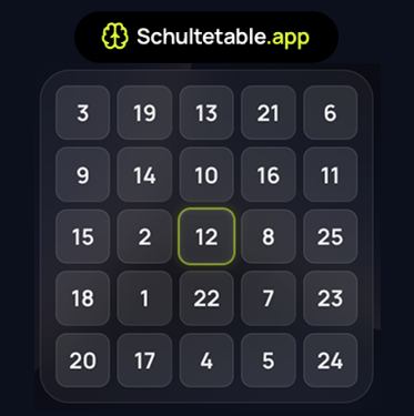 Schulte Table Training App – 5x5 grid cognitive training interface